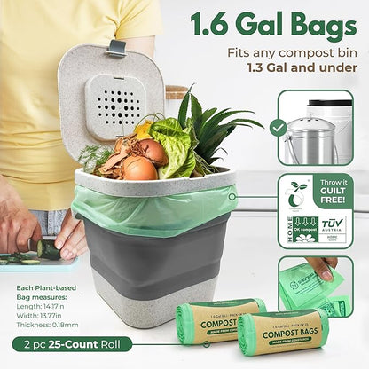 AIRNEX Compostable Trash Bags & Charcoal Filters for Compost Bucket Value Pack for Clean & Odorless Composting - 50 Pcs Compostable Trash Bags Small 1.6 Gal & 3 Pcs Compost Bin Filters Charcoal 3.5"