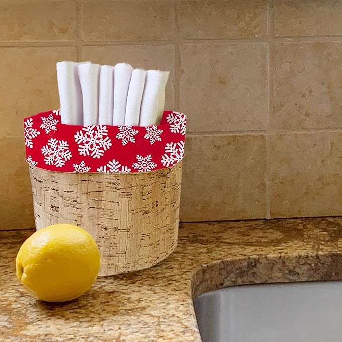 HANDECLOTH Reusable Cloth Paper Towel Set/Personal Hand, Guest & Kitchen Towels/Cotton/Machine Washable/Absorbent/Quality Edges (Red Snowflake & Cork Basket, 12 Cloths)