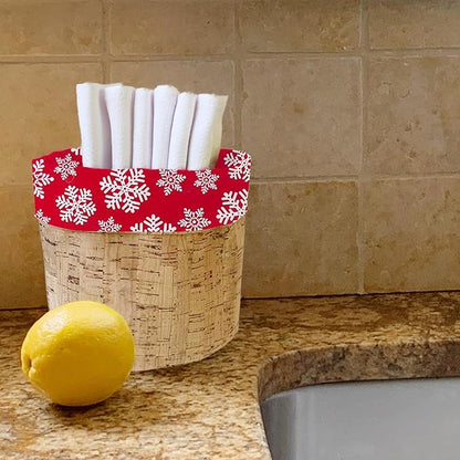 HANDECLOTH Reusable Cloth Paper Towel Set/Personal Hand, Guest & Kitchen Towels/Cotton/Machine Washable/Absorbent/Quality Edges (Red Snowflake & Cork Basket, 12 Cloths)