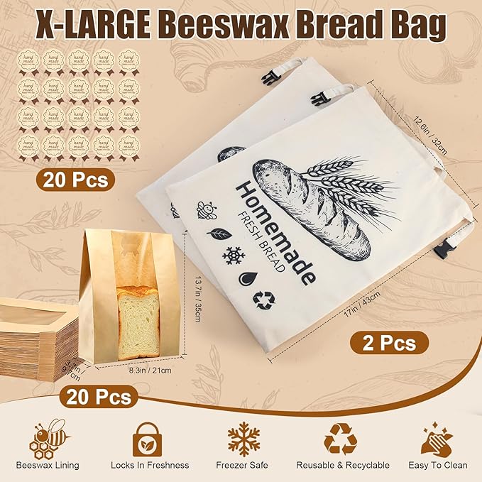 MASSUGAR 2 Pack Beeswax Bread Bags with 20 Paper Bread Bags for Sourdough Homemade Bread, XL Cotton Lining Sourdough Reusable Natural Beeswax Bread Storage Bag, Freezer-Friendly Freshness Preservation
