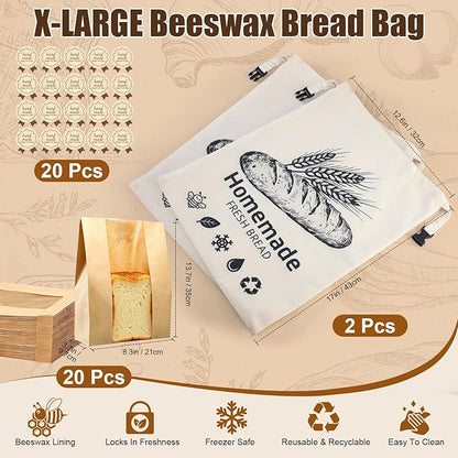MASSUGAR 2 Pack Beeswax Bread Bags with 20 Paper Bread Bags for Sourdough Homemade Bread, XL Cotton Lining Sourdough Reusable Natural Beeswax Bread Storage Bag, Freezer-Friendly Freshness Preservation