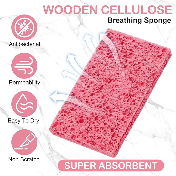 Zhengmy 48 Pieces Sponges Bulk Sponges Kitchen Compressed Sponge Natural Dish Sponge Compressed Wood Pulp Cleaning Without Scratching for Kitchen Bathroom, 3.9 x 2.4 x 0.12 Inch (Pink)