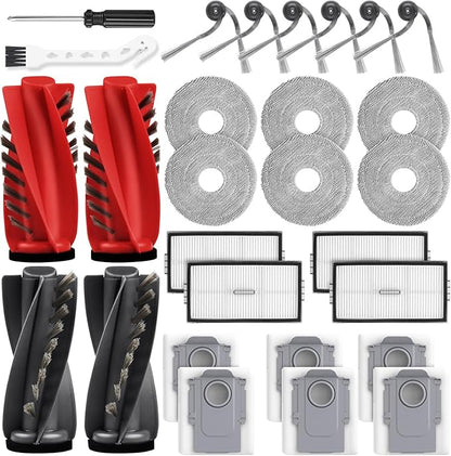 28 Pack Replacement Accessories for Roborock Saros 10R / Saros 20 / Qrevo CurvX Robot Vacuum Cleaner, 2 Pairs Mainbrush 6 Side Brush 4 Filter 6 Mop Pads 6 Dust Bags 1 Cleaning Brush 1 Screwdriver