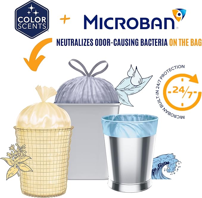 Color Scents Small Trash Bags - 4 Gallon, 80 Total Bags (2 Rolls of 40 Count), Twist Tie – Duos (2 unique scent + color combinations) with Microban