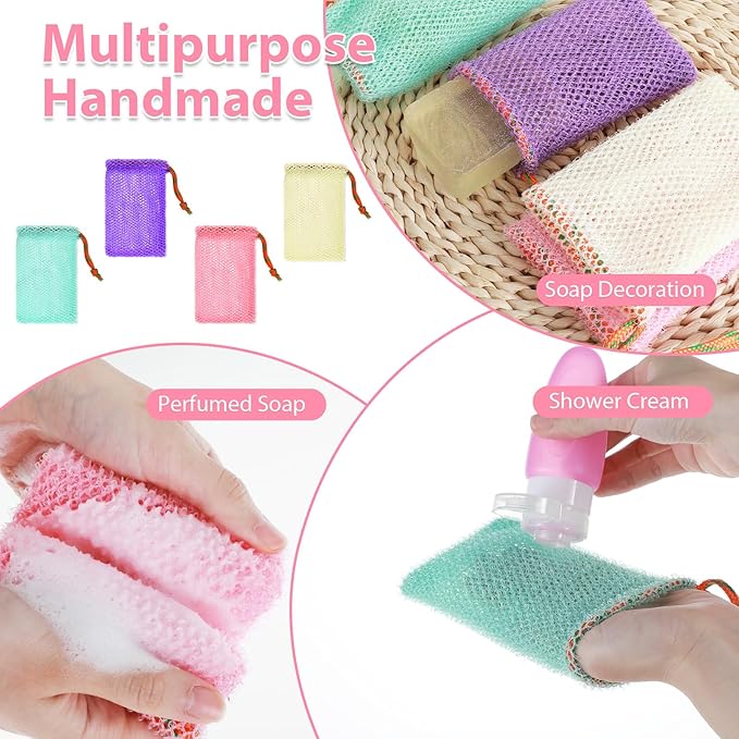 JJUNW 4 Pack Soap Savers, Exfoliating Mesh Soap Pouch, Foam Net Soap Saver Sack Drawstring Holder, Mesh Foaming Bubble Bags for Bath and Shower (Multicolor)