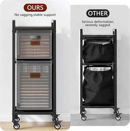 FAVOOSTY Laundry Hamper with Shelf, 70L Laundry Basket Organizer, 2 Section Laundry Sorter for Laundry Room Organization, Grey