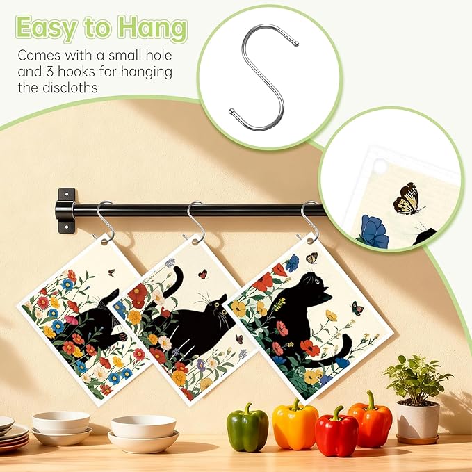 Black Cat Floral Flower Swedish Dishcloths for Kitchen, 5 Pack Reusable Paper Towels with 3 Hooks, Washable Dish Cloth Set, Absorbent Cleaning Cloth for Washing Housewarming Gifts for Friend