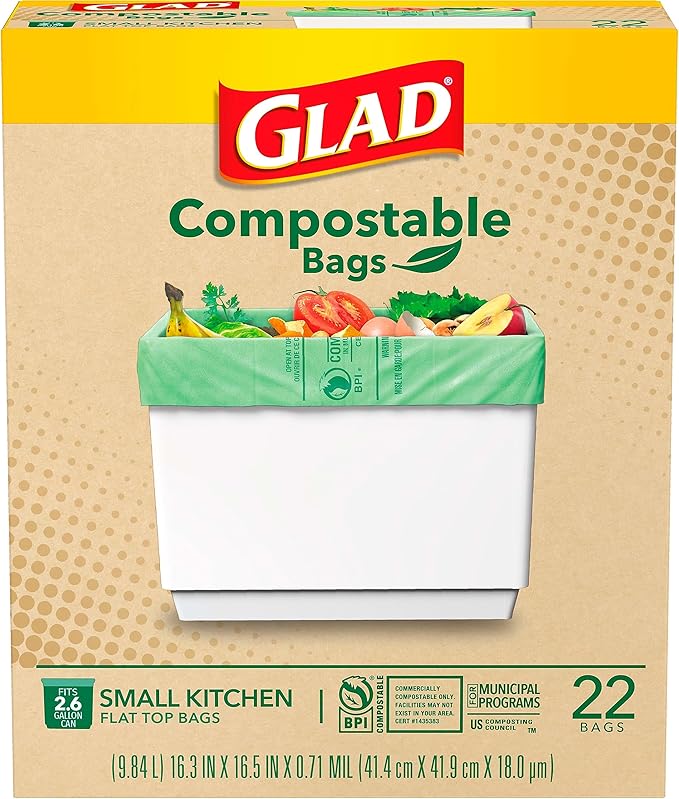 Glad Kitchen Compost Bags, 2.6 Gallon Small Flat Top Bags, Unscented, 22 Count (Package May Vary)