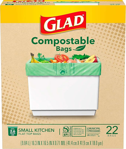 Glad Kitchen Compost Bags, 100% Compostable Bag, 2.6 Gallon, Unscented - 22 Count (Pack of 2)