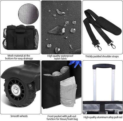 Extra large Rolling Cleaning caddy bag Built-in Hard Support Board,Cleaning Cart with Detachable Trolley, Housekeeping Cleaning caddy with Adjustable Shoulder Strap and Multiple Storage Pockets