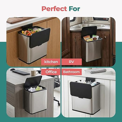 HOLDN’ STORAGE 6L Compost Bin Kitchen for Countertop, Hang-on Cabinet Door, Small Trash Can with Lid, Odor Control, Stainless Steel, Fingerprint-Resistant, for Bathroom, RV, Office