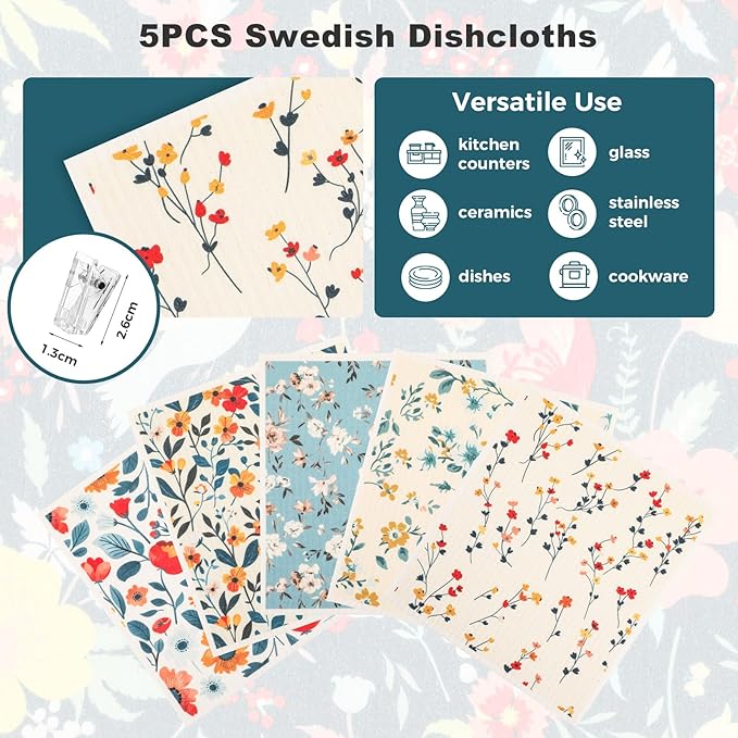 wlich 5PCS Swedish Dishcloths for Kitchen, Reusable Dish Rags for Washing Dishes with Clips, Non-Scratch Kitchen Towels and Dishcloths Sets, Washable Swedish Dish Cloths, No Odor(Plant)
