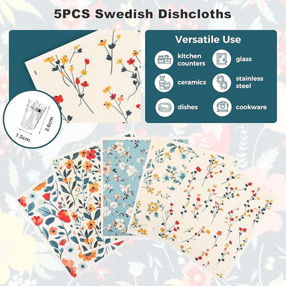 wlich 5PCS Swedish Dishcloths for Kitchen, Reusable Dish Rags for Washing Dishes with Clips, Non-Scratch Kitchen Towels and Dishcloths Sets, Washable Swedish Dish Cloths, No Odor(Plant)