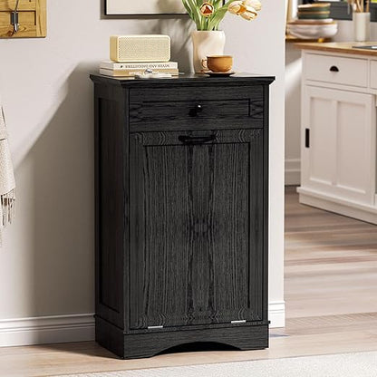 AHB 13 Gallons Tilt Out Trash Cabinet Hidden Trash Can Cabinet Freestanding Garbage Recycling Cabinet with Hideaway Drawer Pet Proof Trash Bin for Kitchen Living Room, Black