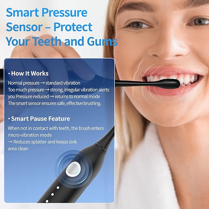 Sonic Vibrating Toothbrush with Pressure Sensor, Electric Tooth Brush with 8 Brush Heads, 3 Modes, 33000VPM, 2-Min Timer, One Charge Lasts for 30 Days, 3D Rounded Soft Bristles, IPX7 Waterproof