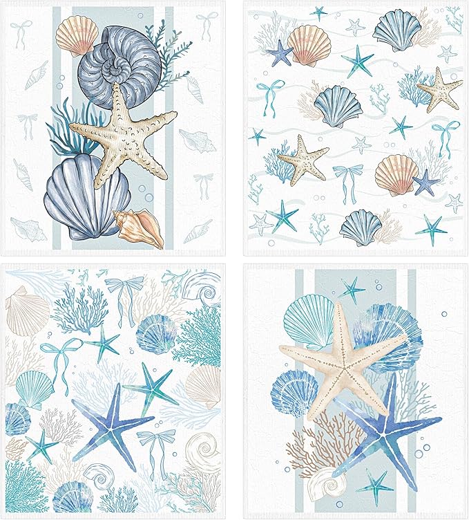 Beach Swedish Dishcloths for Kitchen, 4PCS Coastal Shell Coral Starfish Swedish Dish Cloths Gift Set, Ocean Summer Reusable Washable Absorbent Dish Towel for Home Cleaning
