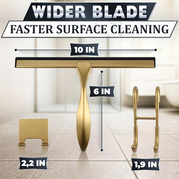 10 Inch Shower Door Squeegee - Gold Squeegee for Shower Glass with Stainless Steel Body, Silicone Blade, Adhesive & Hanging Hooks for Streak-Free Mirror, Tile, Window, Bathroom, Car, Everyday Home Use