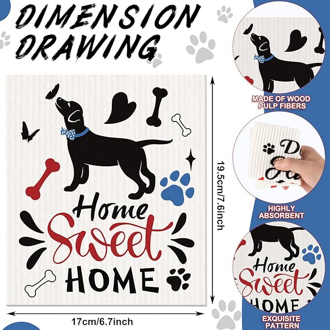Funtery 8 Pcs Dog Swedish Kitchen Dishcloths Reusable Swedish Absorbent Sponge Cloths Washable Kitchen Dish Towel Quick Drying Decorative for Animal Lover Gifts for Women Hand Towel