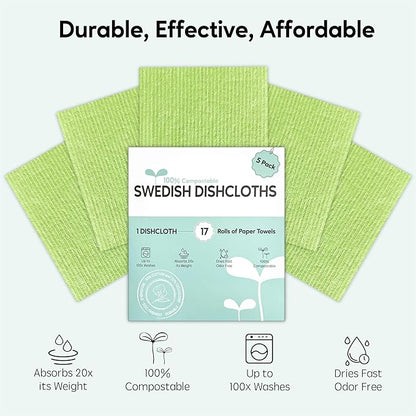 Swedish Dishcloths for Kitchen, 5 Pack Swedish Dish Cloths, Ultra Absorbent Reusable Paper Towels, Cellulose Sponge Cloths, Quick Drying, No Odor, Dishwasher Safe Green