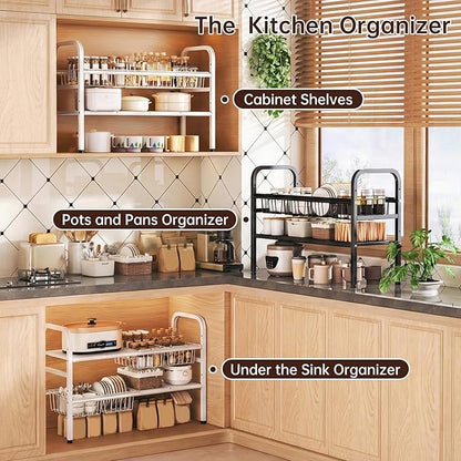 Under Sink Organizer Bathroom Expandable 2 Tier,Bathroom Cabinet Organizer,Adjustable Black Cabinet Shelf for Kitchen Bathroom Laundry,Under Sink Storage Rack with Removable Baskets and Panels