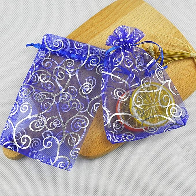 100 Pieces Per Pack 5x7 inch Gift Wrap Bags Blue Rattan, Organza Sheer Transparent Fabric, Drawstring Treat Bags for Baby Shower Favor, House Party Favors, Bridal Shower Favors, Lipsense Holder, Toys
