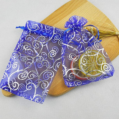 100 Pieces Per Pack 5x7 inch Gift Wrap Bags Blue Rattan, Organza Sheer Transparent Fabric, Drawstring Treat Bags for Baby Shower Favor, House Party Favors, Bridal Shower Favors, Lipsense Holder, Toys