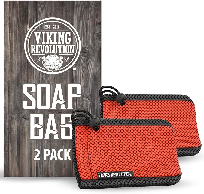 Viking Revolution Soap Bag with Drawstring 2 Pack - Mesh Soap Savers for Bars - Red Mesh Exfoliating Body Scrubber - Creates Rich Lather, Hang to Dry, Ready for The Next Scrub (5.9"x3.7", 2 Pieces)