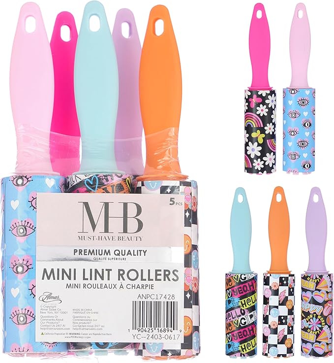 5pc Pop Art Mini Lint Roller Value Pack – Colorful Compact Rollers for Travel | Pet Hair & Lint Remover for Clothing & Household Use | Portable On-the-Go Lint Removers – Fun