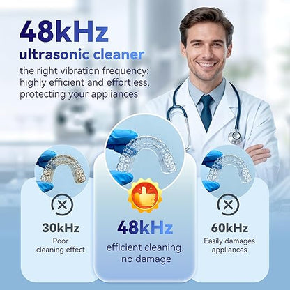 Ultrasonic Retainer Cleaner Machine 48kHz, Dental Cleaning Pod, Ultrasonic Retainer Cleaner for Dentures, Aligners, Mouth Guards, Toothbrush Heads and Jewelry with 200ML Capacity, LAB Supply