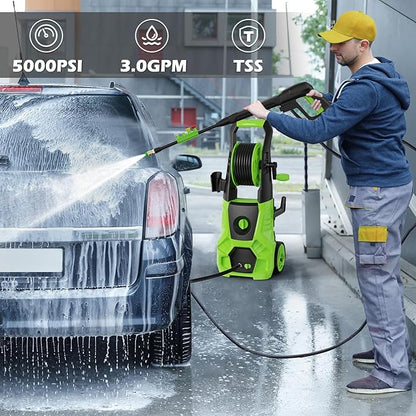 5000PSI PowerWasher with 4 Quick Connect Nozzles, Foam Cannon for Car, Lane, Patio Cleaning, Hydro Jet Pressure Hose Water Wand for Gutter Patio Car Garden Window, Green