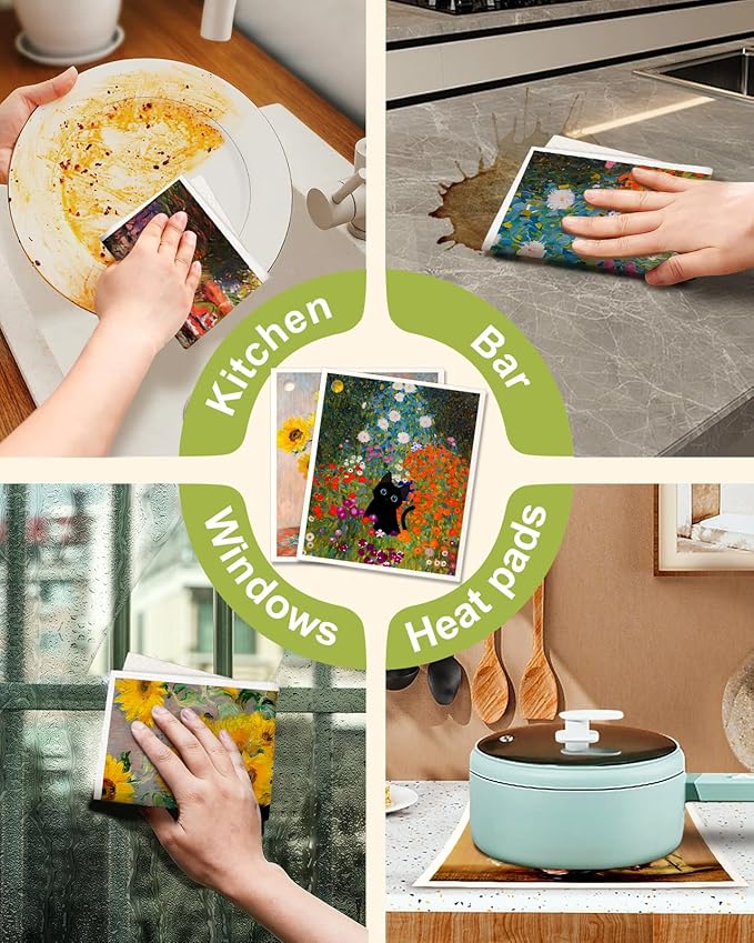 Miss Adola Swedish Dishcloths for Kitchen - Cute 8 Pack Compostable Patterned Cotton Dish Cloths Absorbent Swedish Paper Towels Reusable Kitchen Dish Towels, Cat in Flowers
