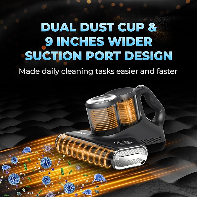 Rosewill Mattress Vacuum Cleaner: 450W 16Kpa Strong Suction, 253.7nm UV-C Light, Ultrasonic & High Heating Tech, Dual Dust Cup, Corded - Metallic Grey