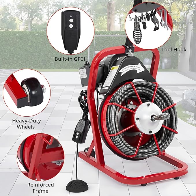 Drain Cleaner Machine 75FT x 3/8 Inch, Professional Sewer Snake Auger, 4 Cutter Blades, Air-Activated Foot Switch, Gloves, Portable Plumbing Tool for 1"-4" Pipes, Bathroom, Kitchen, and Sewer Clog