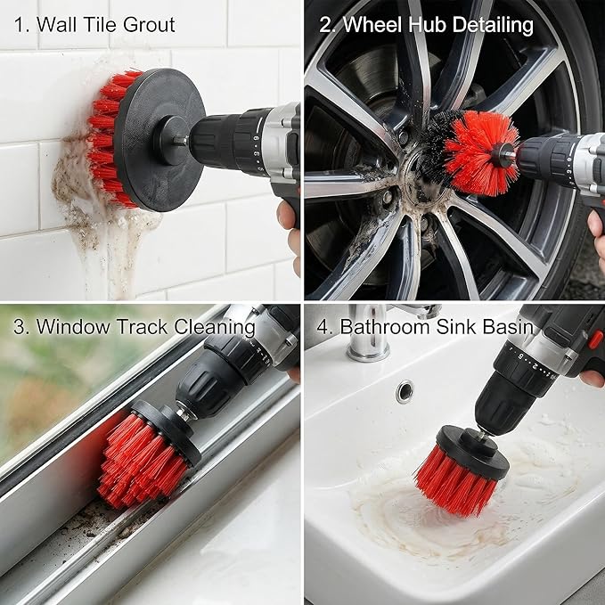 Drill Brush Attachment Set, 5 Pack Power Scrubber Cleaning Brush Kit with Extension Rod for Bathroom, Tub, Tile, Grout, Kitchen, Floor and Wheel Rims (Red)