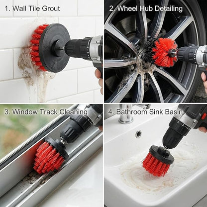 Drill Brush Attachment Set, 5 Pack Power Scrubber Cleaning Brush Kit with Extension Rod for Bathroom, Tub, Tile, Grout, Kitchen, Floor and Wheel Rims (Red)