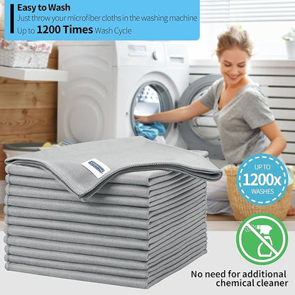 Microfiber Cleaning Cloth, 12 Pack Window Glasses Cleaning Cloth, Reusable Lint-Free Streak Free Polishing Cloth Wipes for Stainless Steel, Eyeglasses, Mirrors, Screens & Lenses,12"*12" Grey