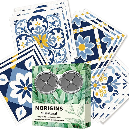 12 Pack Swedish Dishcloths with 2 Push Towel Hooks - Reusable Paper Towel Wash Cloths, Microfiber Kitchen Towels,Non Scratch Wire Dishcloth - Blue Set