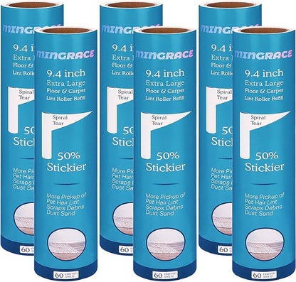 9.4 inch Extra Large Lint Roller Refills Compatible with PetLovers Extra-Wide 9.4 inch Giant Floor Lint Roller, 50% Stickier, Pack of 6 Refills, 60 Sheets per Refill, 360 Sheets Total