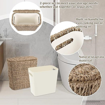 Wicker Waste Basket with Lid and Liner, Woven Seagrass Trash Can, Bathroom Trash Can, Boho Garbage Wastebasket for Bedroom Home Living Room Office Kitchen, 2.5 Gallon
