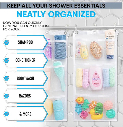 Handy Laundry Hanging Shower Organizer (2-Pack) - 9-Pocket - Mesh Caddy with Deep Storage Pockets for Organizing Bathroom Toiletries and Kids Bath Toys - Hang on Existing Shower Curtain Rings