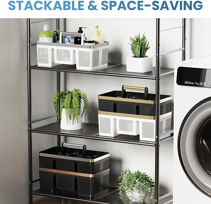 BYUNER 2Pack Plastic Shower Caddy: Portable Shower & Bathroom Caddy Tote with Handle, 4 Divided Compartments, Hard Plastic Shower Basket with All-Side Drainage for College Dorm Room Essentials