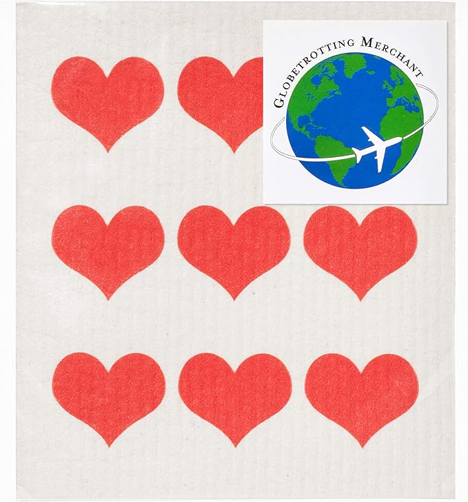 Swedish Dishcloths 2-Pack - Reusable Cellulose Sponge Cloths, Super Absorbent Kitchen Cleaning Towels, Machine Washable, Red Hearts Row Design, 7.87"x6.88"
