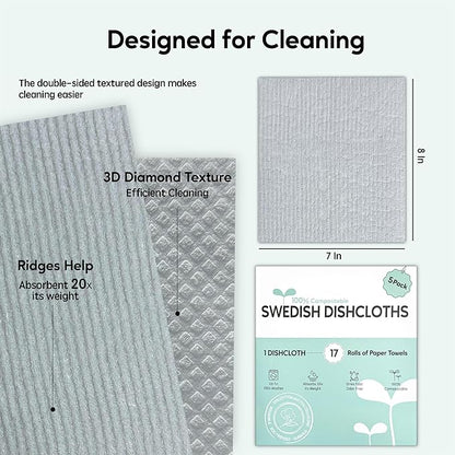 Swedish Dishcloths for Kitchen, 5 Pack Swedish Dish Cloths, Ultra Absorbent Reusable Paper Towels, Cellulose Sponge Cloths, Quick Drying, No Odor, Dishwasher Safe