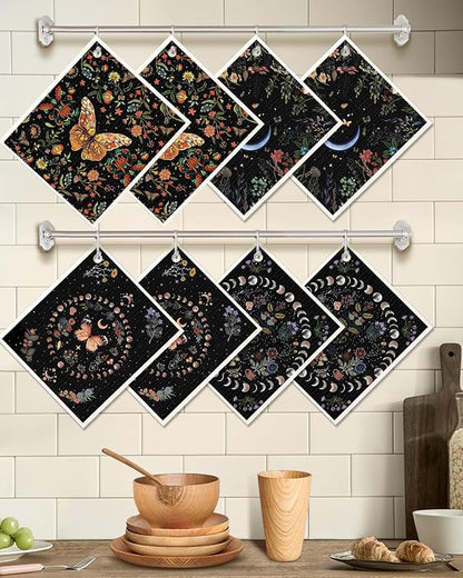 Miss Adola Swedish Dishcloths for Kitchen - Whimsical 8 Pack Compostable Patterned Cotton Dish Cloths Absorbent Swedish Paper Towels Reusable Kitchen Dish Towels, Moonlit Butterfly
