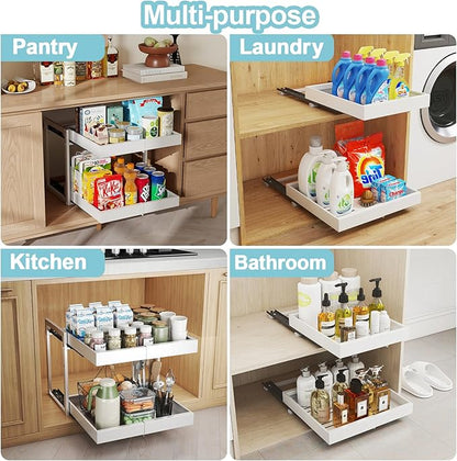 Golener 2-Tier Expandable Pull Out Cabinet Organizer - 21" Deep Slide Out Drawers for Kitchen Cabinets, Bathroom Organizers and Storage, Under Sink Organizer for Kitchen Storage Organization, White