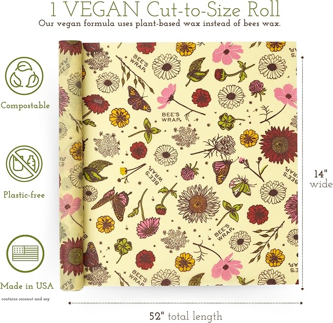 Bee's Wrap Vegan Beeswax Wraps for Food - Cut to Size 14x52" Beeswax Wrap Roll - Plastic Free Made in USA Reusable Natural Food Wrap - Meadow Magic