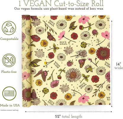 Bee's Wrap Vegan Beeswax Wraps for Food - Cut to Size 14x52" Beeswax Wrap Roll - Plastic Free Made in USA Reusable Natural Food Wrap - Meadow Magic