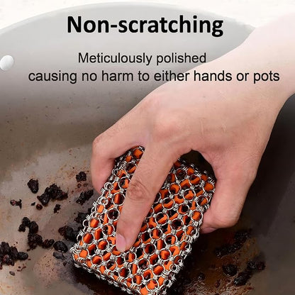 NTMY 316 Stainless Steel Pan Cleaner with Silicone Core – 4.5 Inch Dish Pot Brush,Cast Iron Scrubber, Metal Dish Scrubber,Chain Mail Scrubber for Oven&Grill Kitchen Cleaning Black