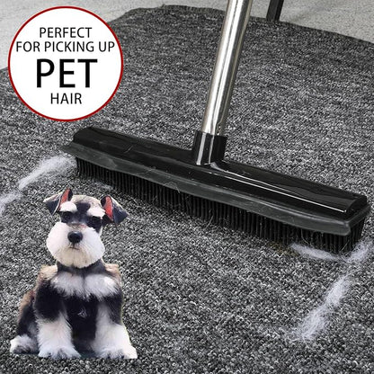 Rubber Broom and Dustpan Set,Pet Hair Removal Rubber Broom with Squeegee and Stainless Steel Dust Pan,Carpet Rake Push Broom and Dustpan for Fluff Hardwood Floor Tile (Black)