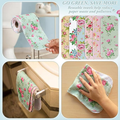 FuWeave 60 Pack Reusable Toilet Paper Washable Soft Bidet Towels Bulk Gifts Paperless Rolls Flannel Cotton 12'' x 4.3" Family Cloth Wipes Bathroom Napkins with Cardboard (Rosebud)